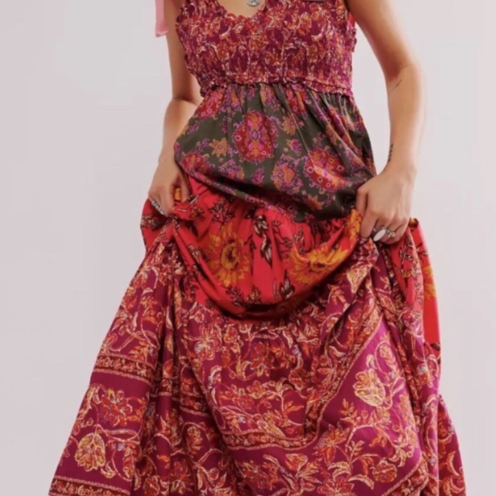 Free People Bohemian Maxi Dress in Magenta and Olive with Floral Print